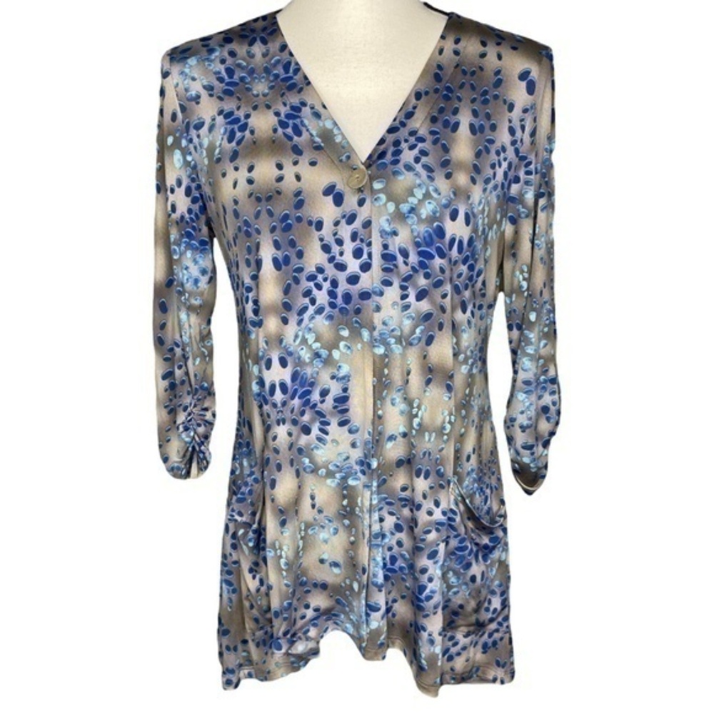 Caribe Cardigan‎ Gray and Blue One Button Ruched Cuff 2 Side Pockets